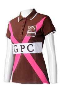 P1270 製造女裝短袖Polo恤  設計5粒鈕胸筒繡花撞色咖啡色Polo恤 Polo恤專門店 澳洲 馬術 學校 